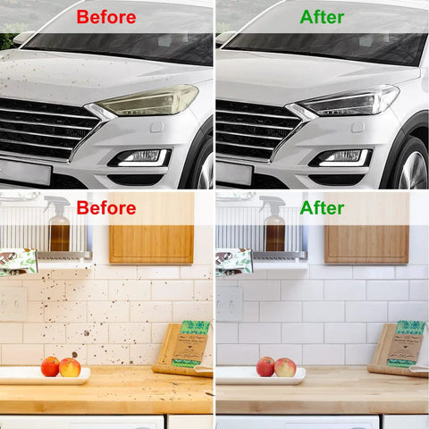 Before and after images of a car and kitchen cleaning, illustrating the effectiveness of cleaning products on surfaces.