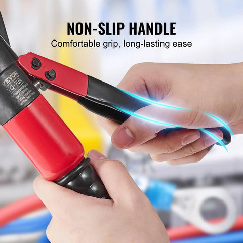 Heavy-Duty Hydraulic Crimping Tool Kit for AWG 12 to 2/0 Copper and Aluminum Terminals non-slip handle in use