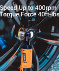 Cordless Ratchet Wrench Set 3 Eighth Inch 12V Battery Powered Tool Kit with Battery and Charger Electric Ratchet 40 Foot Pounds Torque and 400 RPM Built In LED Light and Ergonomic Handle for Auto Repair and Home Projects being used on a car wheel