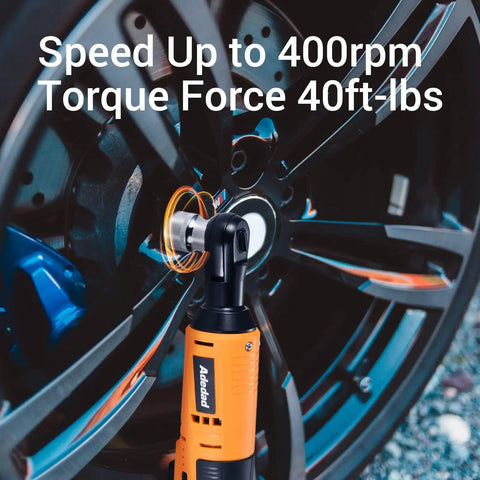 Cordless Ratchet Wrench Set 3 Eighth Inch 12V Battery Powered Tool Kit with Battery and Charger Electric Ratchet 40 Foot Pounds Torque and 400 RPM Built In LED Light and Ergonomic Handle for Auto Repair and Home Projects being used on a car wheel