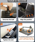 Installation steps for Tesla Hidden Under Screen Storage Box With One Tap Open And Smooth Damping Slides, including bolt alignment.