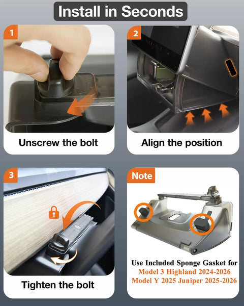 Installation steps for Tesla Hidden Under Screen Storage Box With One Tap Open And Smooth Damping Slides, including bolt alignment.