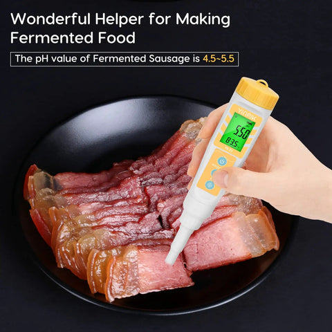 Food pH Meter For Sourdough And Bread Dough, Waterproof pH Tester For Fermenting Sausages And Salami in use on meat