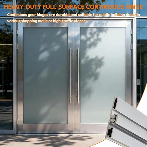 Front view of a glass storefront door with Beefy Heavy Duty 83 Inch Continuous Geared Door Hinge Center Pivot For Storefront And Commercial Doors Aluminum Silver Full Surface Anodized Y Hinge Built For High Traffic Use And Long Lasting Durability The Go-To Door Repair Solution.