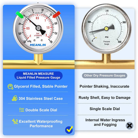 MEANLIN Measure glycerol-filled 2.5-inch vacuum/pressure gauge, 1/8 in NPT, stainless steel case, center mount, 2 snaps