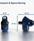 Tastepure 4-In-1 Adjustable RV Water Pressure Regulator With 90 Degree Hose Elbow, Built-In Pressure Gauge, Adjustable Regulator, And Shut-Off Valve For Safe, Flexible RV Water Hookups. Compact blue regulator, 5 5/16" x 2 5/8" x 4 13/16".