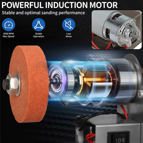 Powerful induction motor of Mini Belt Sander Machine Tool With Polishing And Grinding Wheels Adjustable Worktable 7-Speed Varying From 4000 To 9000 Rpm.