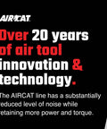 Graphic highlighting AIRCAT's 20 years of air tool innovation and technology with reduced noise and increased power.