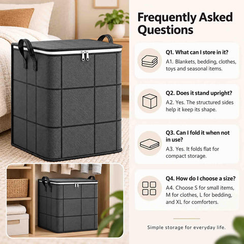 Rock Solid Heavy Duty Foldable Storage Cubes With Secure Snap Lids And Reinforced Carry Handles For Super Roomy Home Organization and Bulky Linen Transport Gear in black fabric, standing in a cozy living room.