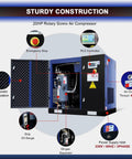 Industrial Grade 20 HP Rotary Screw Air Compressor Built To Last With 74 CFM At 125 PSI 230 Volt Three Phase No Frills Fixed Speed