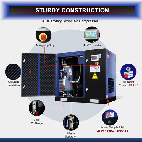 GinGine 20 HP Rotary Screw Air Compressor Delivers A Solid 74 CFM At 125 PSI Powering Manufacturing Plants And Repair Shops With Reliable Continuous Duty Performance For Heavy Duty Industrial Applications