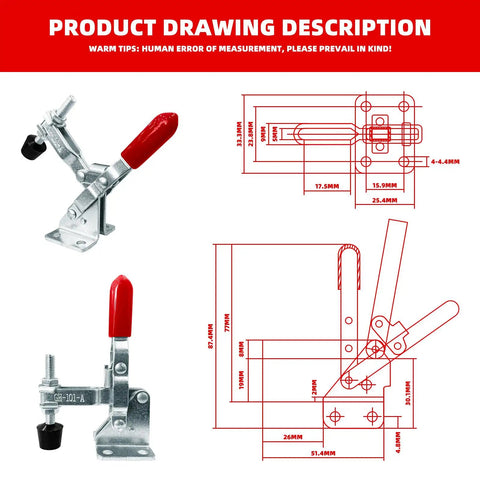 Eight Piece Toggle Clamp Set With Hold Down And Push Pull Quick Release Clamps For Woodworking, heavy duty carbon steel clamp with red handle, dimensions diagram
