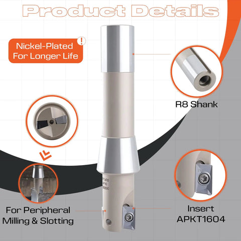 Nickel Plated 1 Inch Indexable End Mill With 5 27 32 Inch Overall Length 90 Degree R8 Shank Two Flutes Includes APKT1604 Carbide Inserts