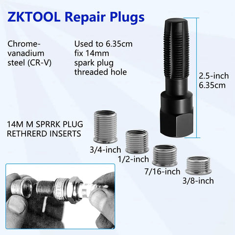 14mm Spark Plug Thread Repair Kit For Cylinder Heads M14 X 1.25 Rethread Tool With Reamer And 4 Thread Inserts Chrome Vanadium Steel