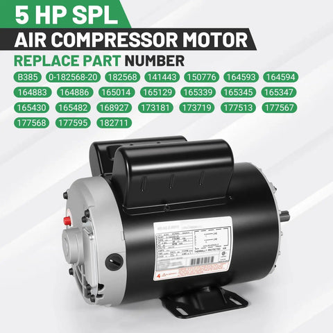 Heavy 5Hp Air Compressor Motor 3450 Rpm 208V Single Phase P56 Ccw Rotation 5/8 Inch Keyed Shaft Odp Rigid Mount side view with details