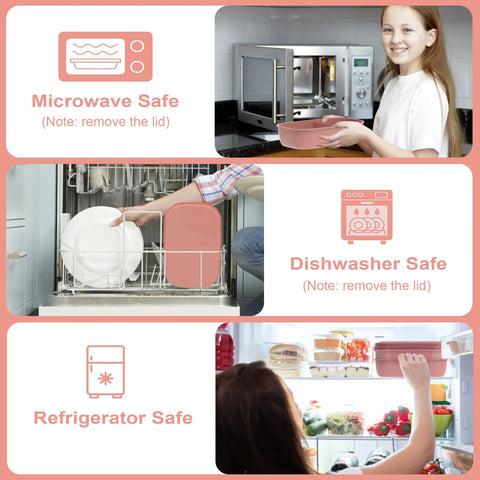 Three Stackable Bento Lunch Box Set With Leak Proof BPA Free Containers used in microwave, dishwasher, and fridge
