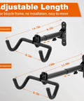 Adjustable length view of Two Pack Wall Mount Bike Racks For Indoor Storage Heavy Duty Rubber Coated Hooks Space Saving Garage Hangers Easy No Assembly Required Horizontal Bicycle Wall Rack