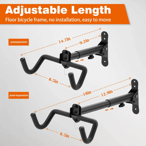 Adjustable length view of Two Pack Wall Mount Bike Racks For Indoor Storage Heavy Duty Rubber Coated Hooks Space Saving Garage Hangers Easy No Assembly Required Horizontal Bicycle Wall Rack