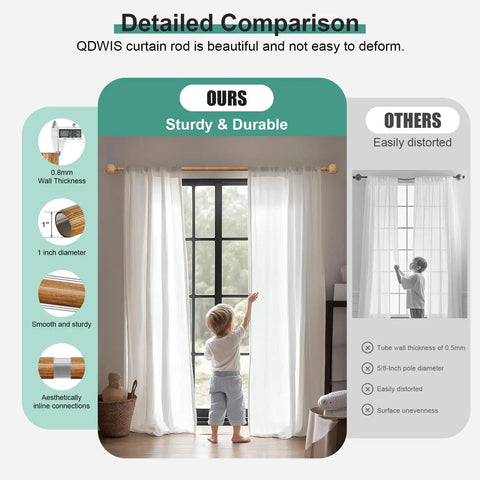 Child near window with Imitation Wood Grain Ball Curtain Rod Set With Brackets Built Tough 1 Inch Adjustable Drapery Rods For Windows