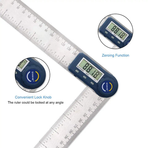Top Shelf Heavy Duty Digital Angle Finder And 2 In 1 Digital Protractor With Seven Inch Stainless Steel Ruler showing LCD display and locking knob.
