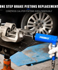 Air Operated Dual Brake Caliper Piston Compressor Tool For Quick Brake Pad Replacement With Over 180 Pounds Of Pressure Pro Grade Pneumatic Caliper Tool For Easy Vehicle Brake Servicing in use
