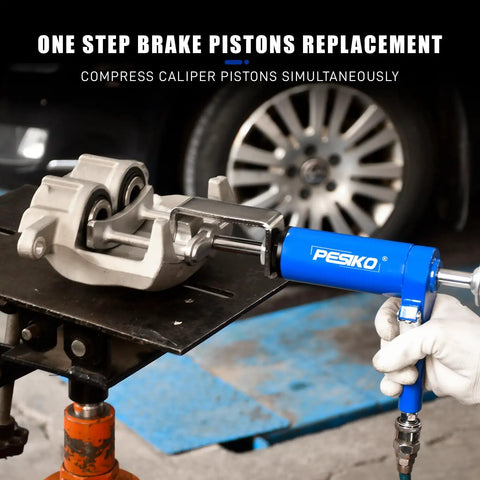 Air Operated Dual Brake Caliper Piston Compressor Tool For Quick Brake Pad Replacement With Over 180 Pounds Of Pressure Pro Grade Pneumatic Caliper Tool For Easy Vehicle Brake Servicing in use