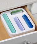 StoraBag Drawer Food Bags Dispenser For Kitchen Storage 4 Slot Plastic Sandwich Bag Organizer in white open drawer