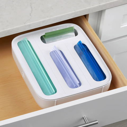 StoraBag Drawer Food Bags Dispenser For Kitchen Storage 4 Slot Plastic Sandwich Bag Organizer in white open drawer