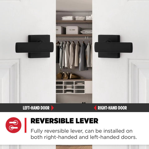 Matte Black Interior Passage Door Lever For Closets And Hallways Non Locking Reversible Handle Easy DIY Install Fits Most Doors Smooth Operation For Non Secured Rooms Modern Home Comfort showing reversible lever on white doors