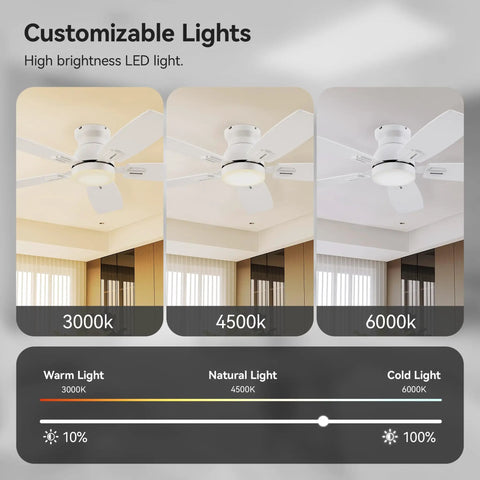 42 Inch Ceiling Fan With Light And Remote And App Control, Low Profile Flush Mount, customizable LED lighting settings