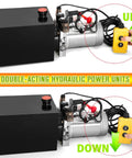 Image of 12V Hydraulic Pump For Dump Trailers And Car Lifting, Double Acting Electric Power Unit with control buttons shown.