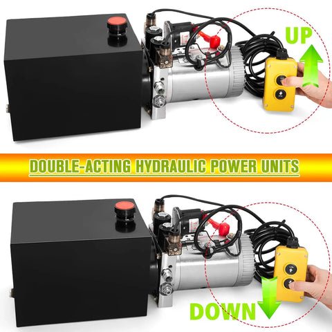 Image of 12V Hydraulic Pump For Dump Trailers And Car Lifting, Double Acting Electric Power Unit with control buttons shown.