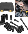 Fresh Hex Deep Socket Kit With 18 Pieces Of Cr V Impact Sockets In 10-24mm Sizes Plus Three Extension Rods, Perfect Black Finish Gear For Car And Machine Repair Tasks. Black deep socket set with case and extensions used in engine repair.