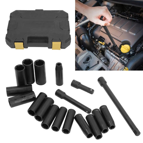 Fresh Hex Deep Socket Kit With 18 Pieces Of Cr V Impact Sockets In 10-24mm Sizes Plus Three Extension Rods, Perfect Black Finish Gear For Car And Machine Repair Tasks. Black deep socket set with case and extensions used in engine repair.