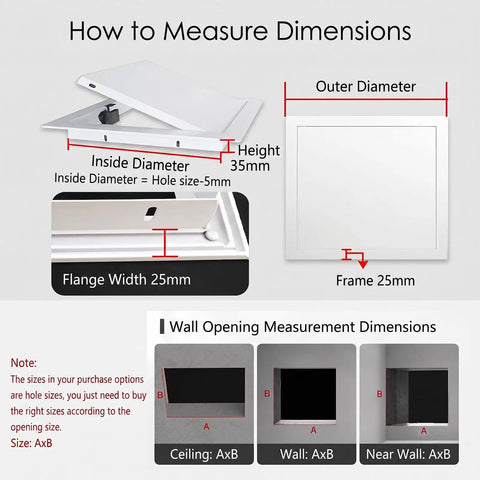 How to measure dimensions of Solid Gray Metal Access Panel For Drywall 8x9 Inch Flush Mount with labeled measurements.