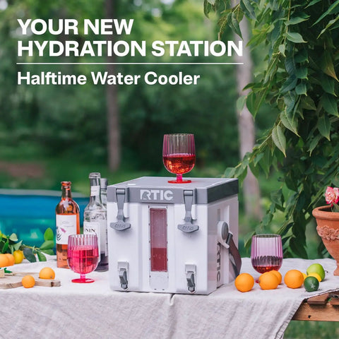 Halftime Water Cooler 3 Gallon Portable Carrier With Dual Taps Bottleless BPA Free Beverage Dispenser on picnic table