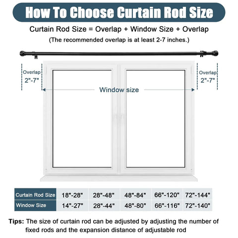 Diagram showing how to choose Telescoping Curtain Rod For 66 To 120 Inches With 1 Inch Steel Rod Holds Up To 50 Pounds