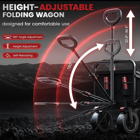 200L Collapsible Wagon Cart Heavy Duty Beach Wagon With 7.48 Inch All Terrain Wheels And Side Pocket, Portable Folding Utility Cart For Beach, Camping Groceries Garden And Sports showing height-adjustable handle.