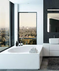 Bathroom setup with Rectangular 24 Inch Thin Bar LED Vanity Light in Brushed Black for Over Mirror Bathrooms and modern decor.