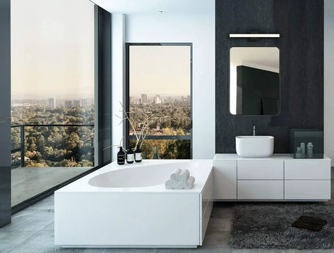 Bathroom setup with Rectangular 24 Inch Thin Bar LED Vanity Light in Brushed Black for Over Mirror Bathrooms and modern decor.
