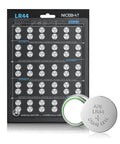 Heavy Duty 1.5 Volt Alkaline Button Coin Cell Batteries 60 Pack Providing No Sweat LR44 AG13 A76 SR44 357 Power For Toys Cameras And Watches That Really Goes The Distance Daily on blister pack display.