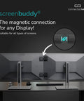 Back view of dual monitors on a desk using Magnetic Monitor Connector Set Of 2 For A Seamless Multi Monitor Gaming And Workstation Setup, Universal Fit For All Curved And Flat Screens, Easy Alignment And Gapless Display, Made In Germany, showing magnetic connection points.