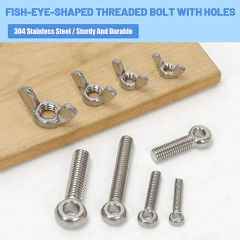 6 Sets M8 x 50mm Lifting Shoulder Eye Bolts With Wing Nuts Kit, stainless steel bolts and wing nuts on wooden surface