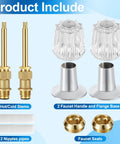 2 Piece Bathtub And Shower Knob Replacement Kit For Price Pfister Verve And Windsor Tub Shower Faucets With Hot And Cold Handles In Clear Acrylic For DIY Reno And Fresh Look, showing clear acrylic knobs, brass stems, bases, and faucet seats.