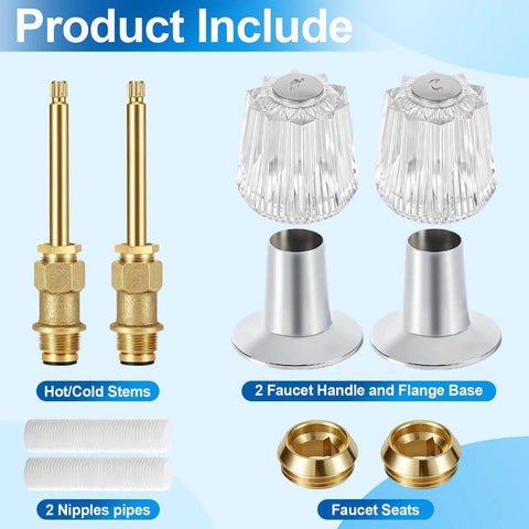 2 Piece Bathtub And Shower Knob Replacement Kit For Price Pfister Verve And Windsor Tub Shower Faucets With Hot And Cold Handles In Clear Acrylic For DIY Reno And Fresh Look, showing clear acrylic knobs, brass stems, bases, and faucet seats.