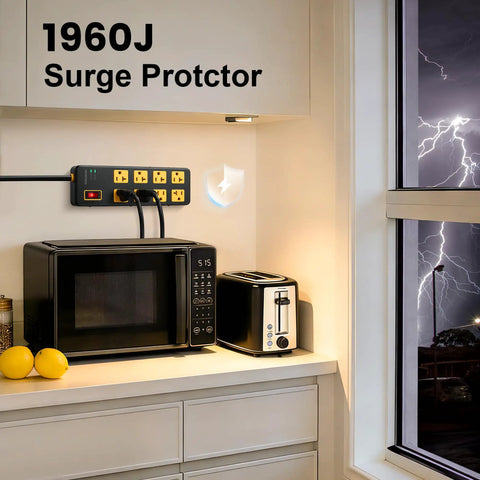 Heavy Duty Eight Outlet Power Strip With Twenty Amp Surge Protection And Six Foot Twelve Gauge Extension Cord For Workshop Garage And Kitchen Use 1960J Safety Shield mounted in kitchen.