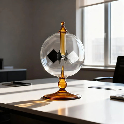 Orange Solar Powered Crookes Radiometer Glass Windmill Desk Ornament Sun Driven Spinning Vane Decor For Home Office Vacuum Glass Bulb Science Gift That Whirls Faster In Bright Light A Cool Modern Conversation Starter on desk
