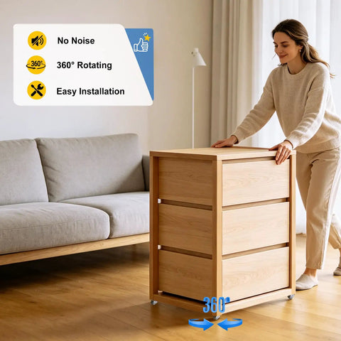 Tiny Half Inch Caster Wheels Set With 360 Degree Swivel Low Profile Plate Casters on wooden cabinet, easy to move