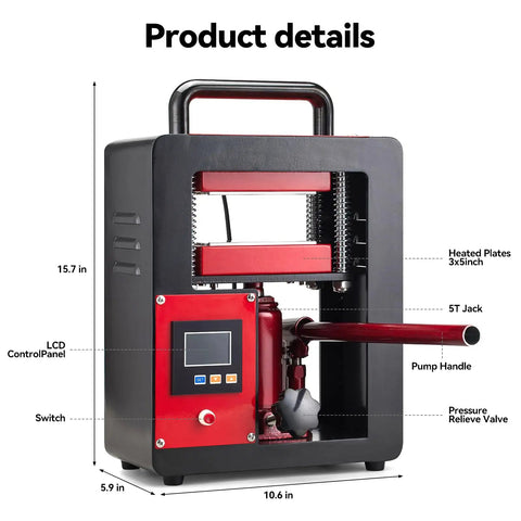 Rugged 5 Ton Portable Hydraulic Heat Press With Dual Heating Plates 2.3 x 4.7 Inch Platen Steel Frame Stainless Fasteners Built To Last For DIY T Shirts Sublimation And Craft Projects, front view with LCD panel