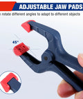 16 Piece Nylon Spring Clamp Set With 3 3/8 Inch Adjustable Jaw Pads for Woodworking, showing 45-degree rotating jaw.